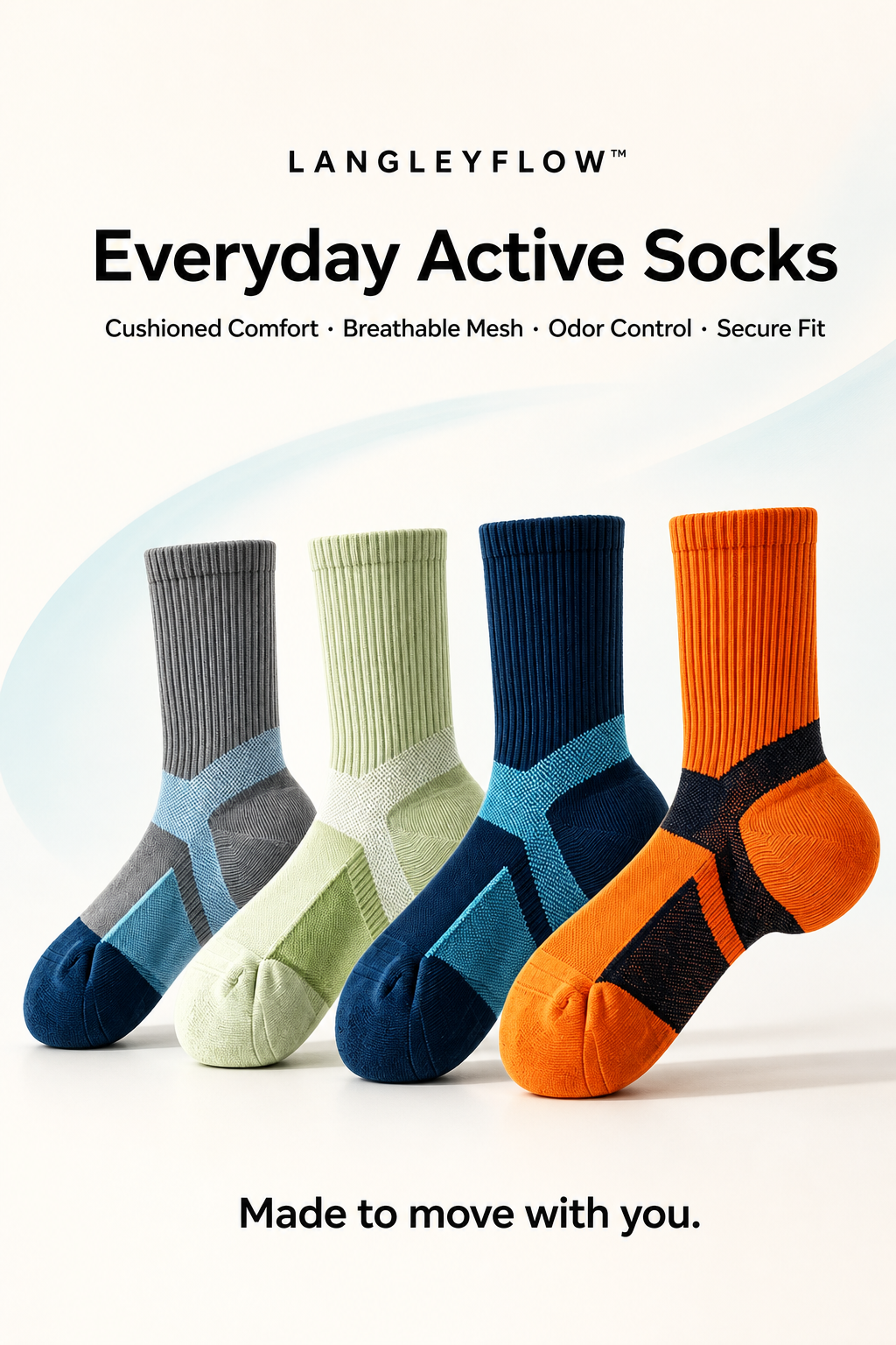 LANGLEYFLOW Everyday Active Socks shown in four colour combinations