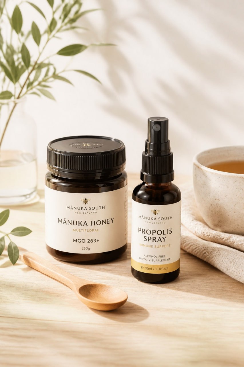 Manuka honey and propolis spray styled with tea for a calm wellness ritual