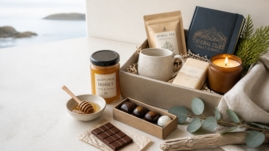 Curated British Columbia gift box with local honey, tea, chocolate, candle and artisan goods
