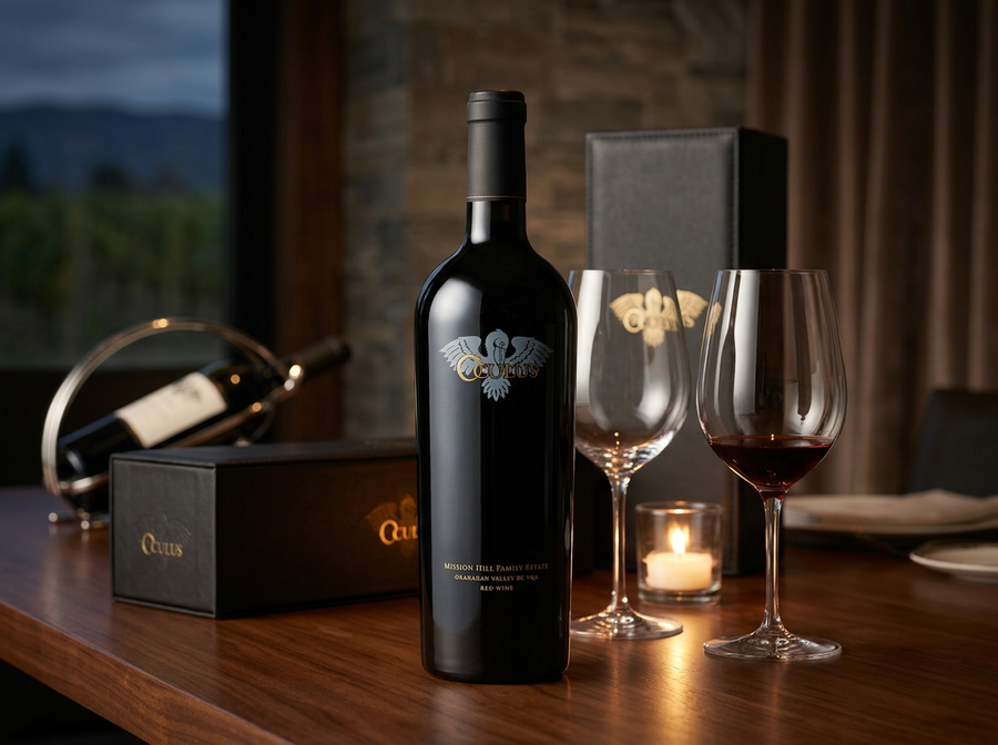 Mission Hill Oculus wine bottle and glasses for a premium BC gift guide