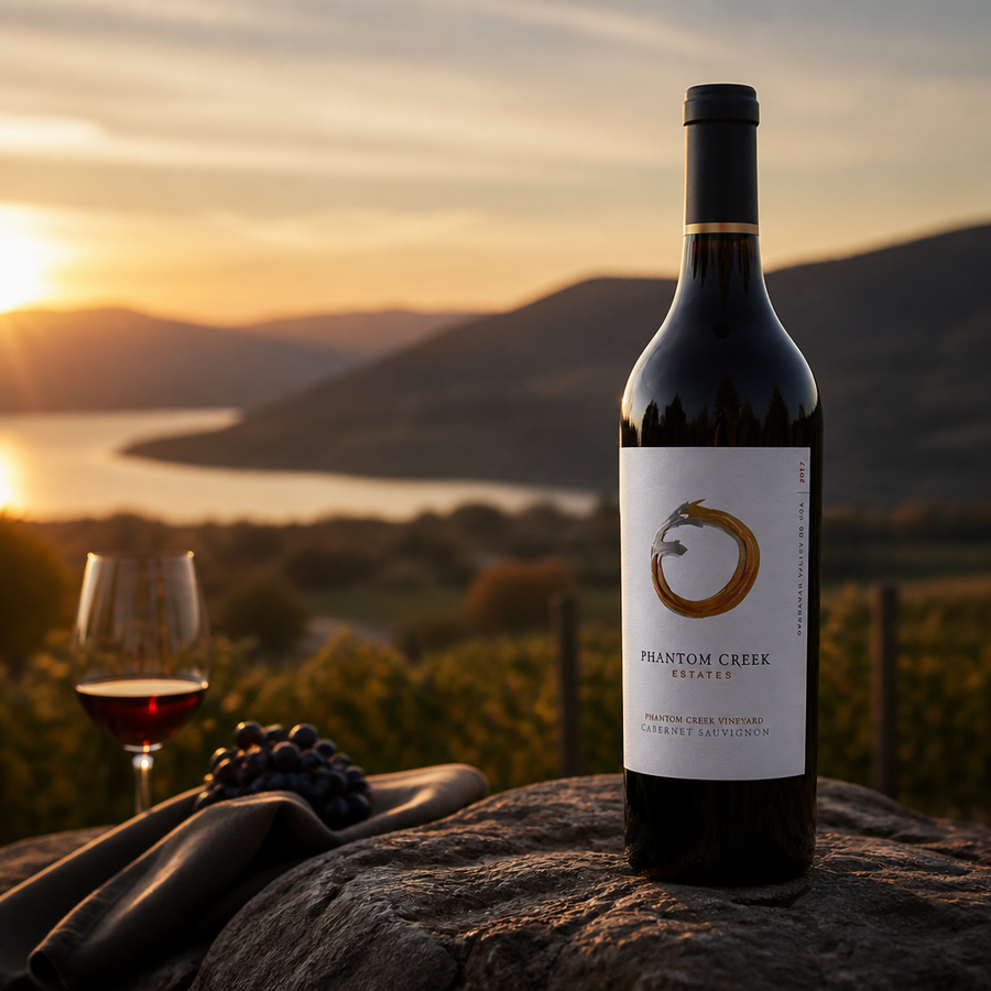 Premium Phantom Creek Estates wine bottle with an Okanagan-inspired British Columbia landscape