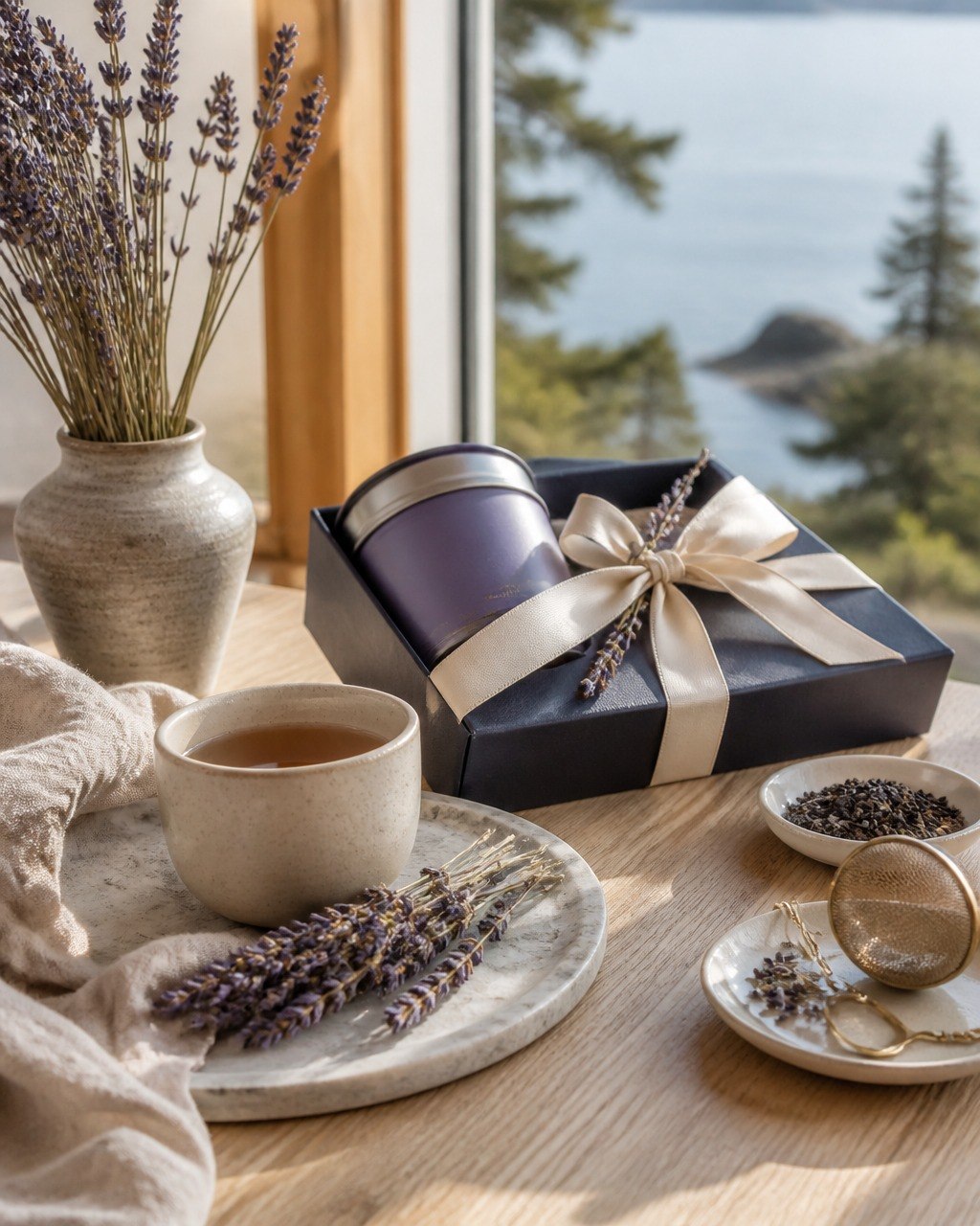 Tea and a wrapped gift box beside a Vancouver coastal view