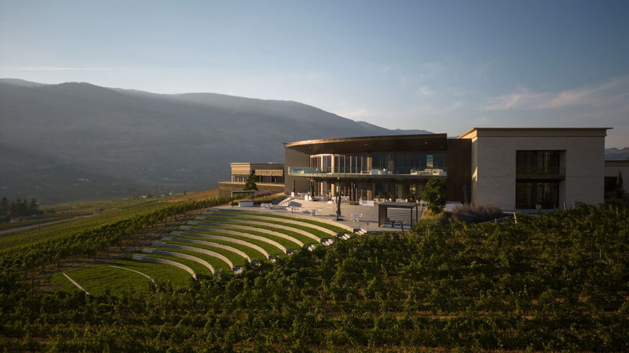 Phantom Creek Estates in the South Okanagan with vineyard, architecture, and mountain landscape.