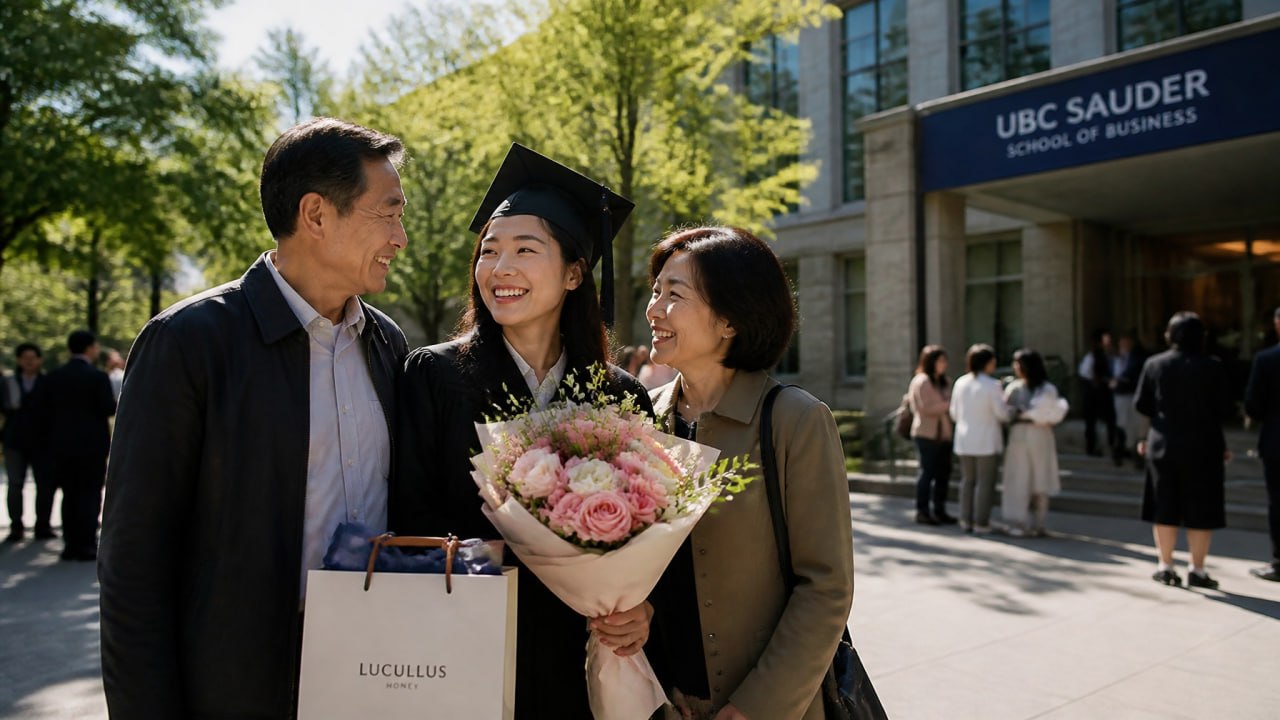 Graduate and family celebrating outside UBC Sauder in Vancouver