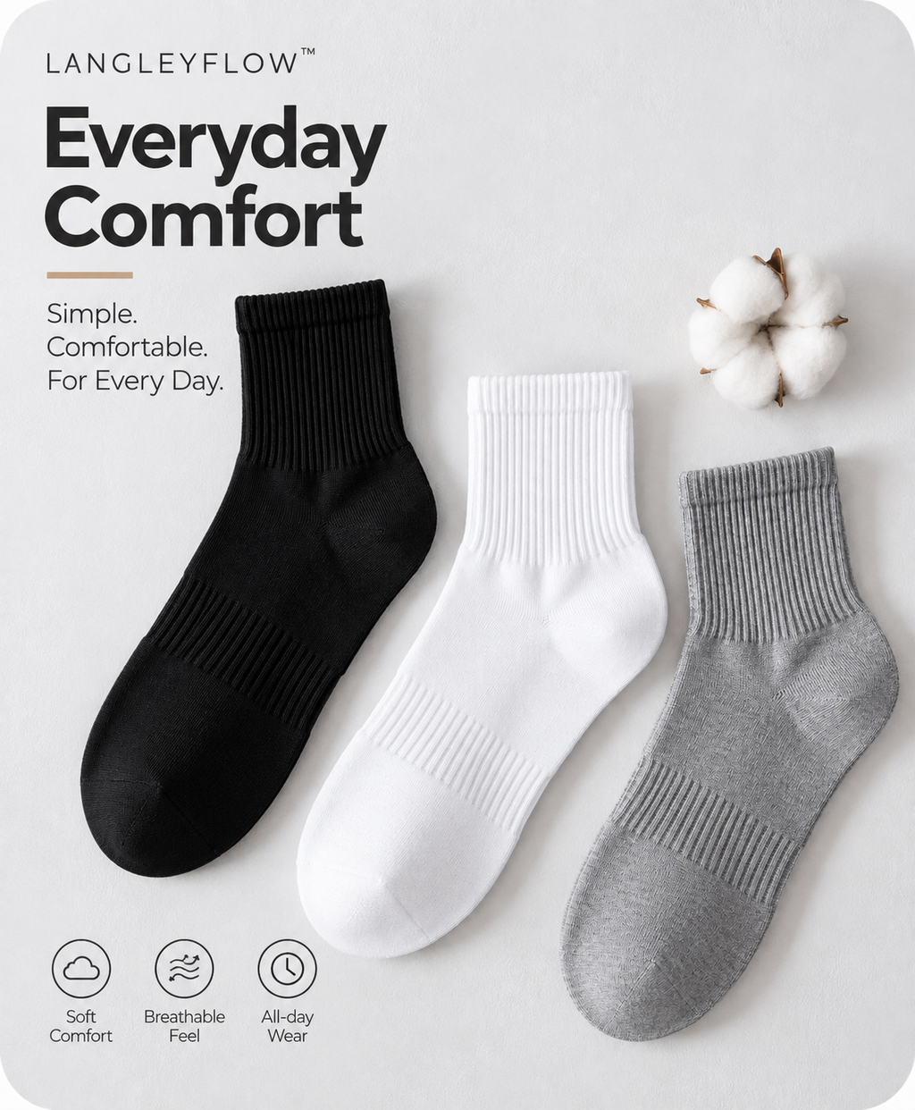 Langley Flow™ Everyday Comfort Socks – 100-Pair Pack