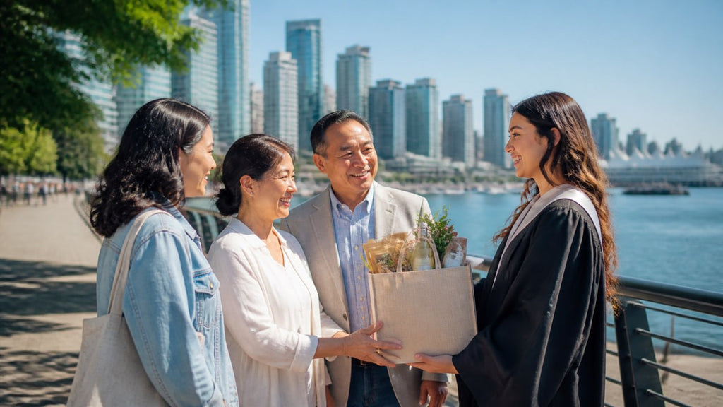 Graduation family gift moment in Vancouver with waterfront and city background