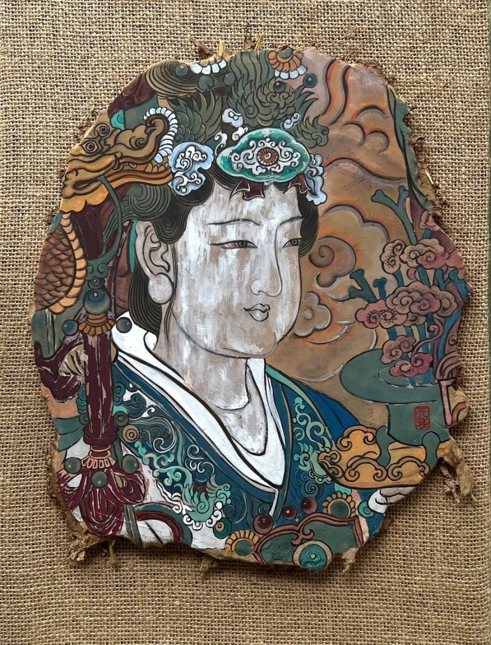 Guardian of Serenity Dunhuang-inspired contemporary artwork with serene figure and weathered mural texture
