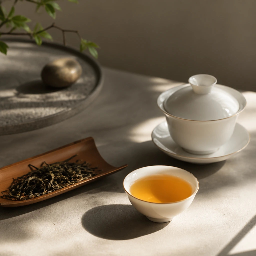 Ancient Tree Reserve Oolong tea leaves and tea service